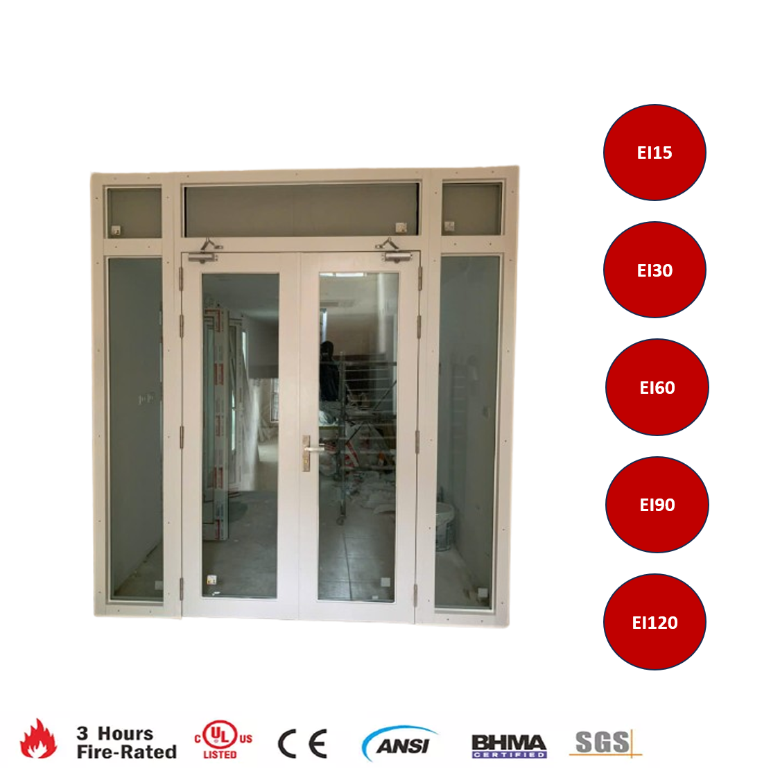 Cửa nhôm kính 2 cánh 2 vách 3 chớp chống cháy EI60